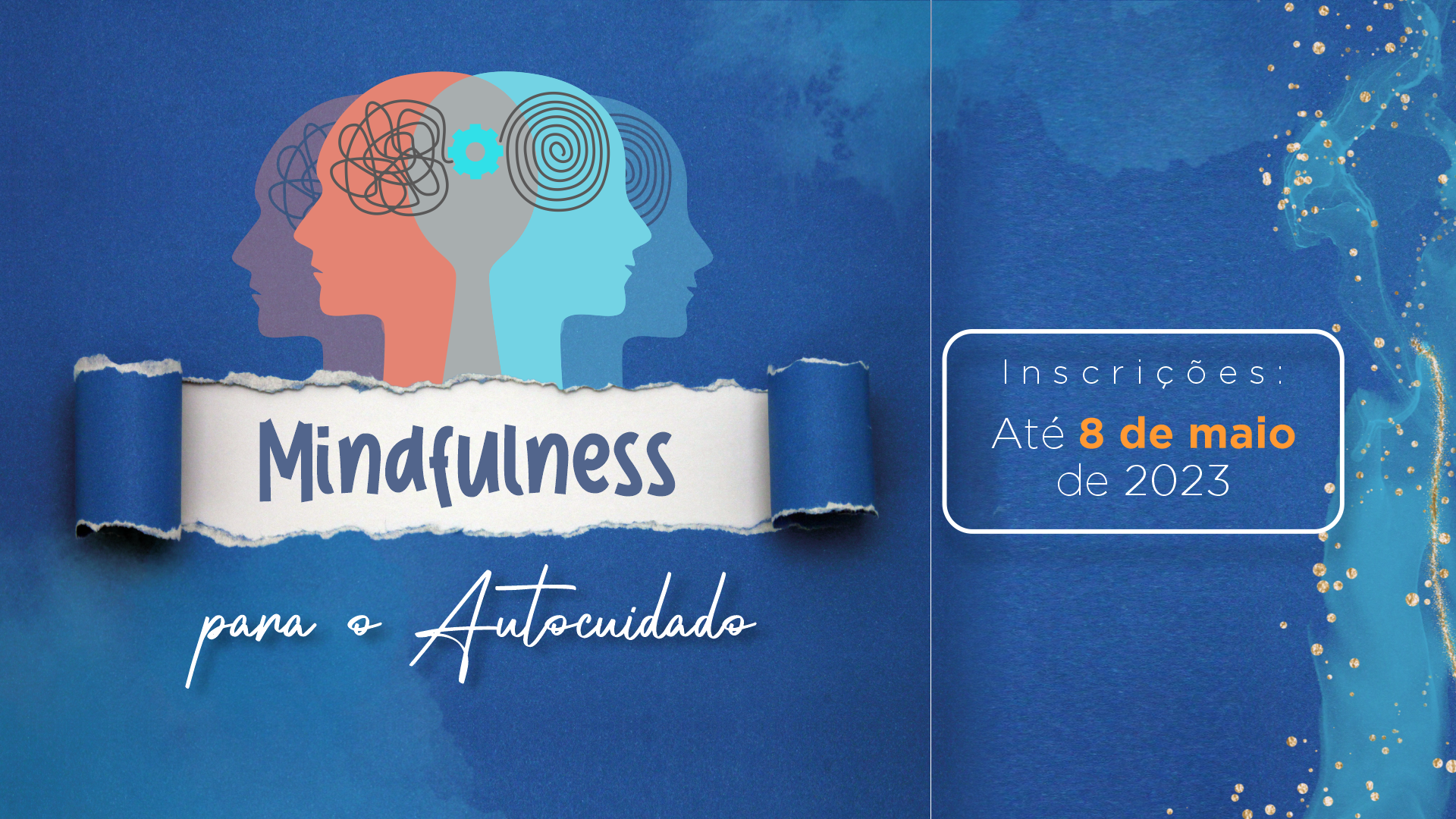 Imagem criada por um designer contendo traços em azul e o nome do curso "Mindfulness para o Autocuidado" escrito no centro.